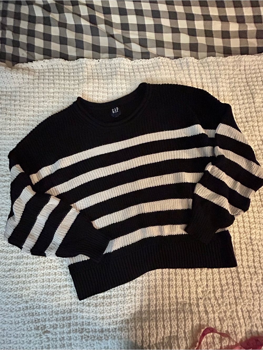 GAP Black and White Striped Crewneck Sweater